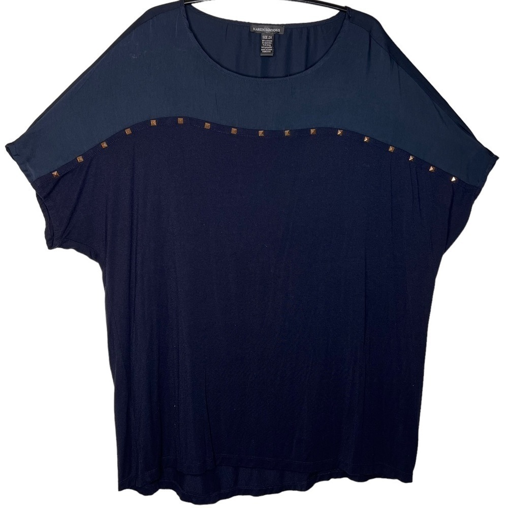 Karen Brooks Black Short Sleeve Tunic Top Size 2X Gold Stud Viscose Spandex Knit